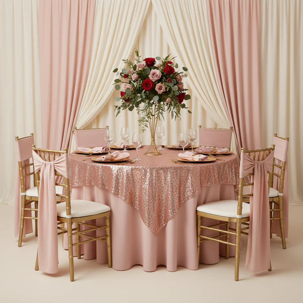 Glitz Sequin Mesh Net Table Overlay Topper 72"x72" Square - Blush/Rose Gold - Image 4