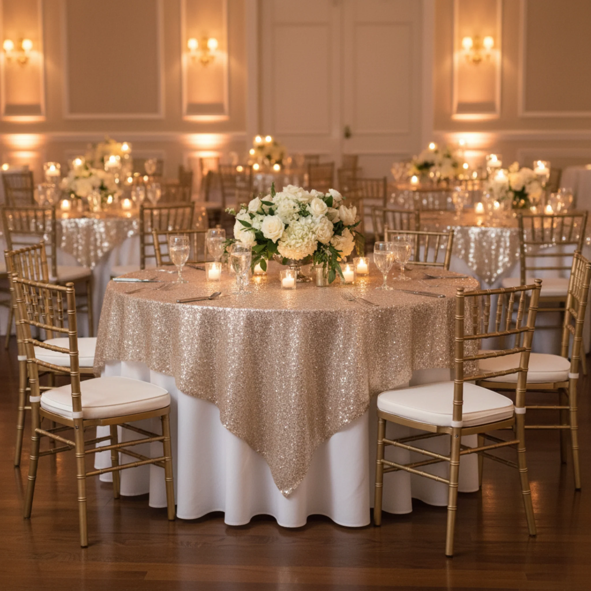 Glitz Sequin Mesh Net Table Overlay Topper 72"x72" Square - Champagne - Image 2