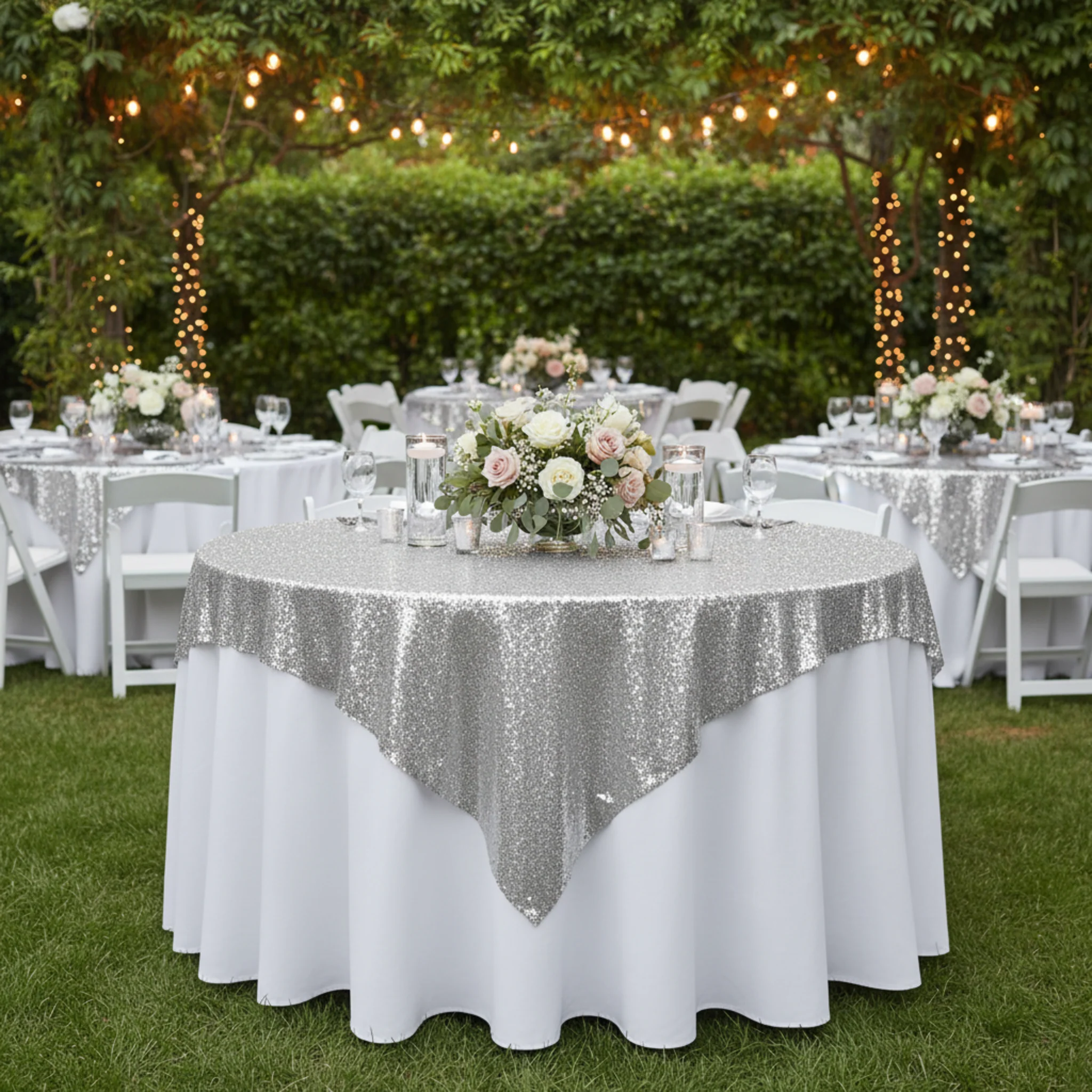 Glitz Sequin Mesh Net Table Overlay Topper 72"x72" Square - Silver - Image 2