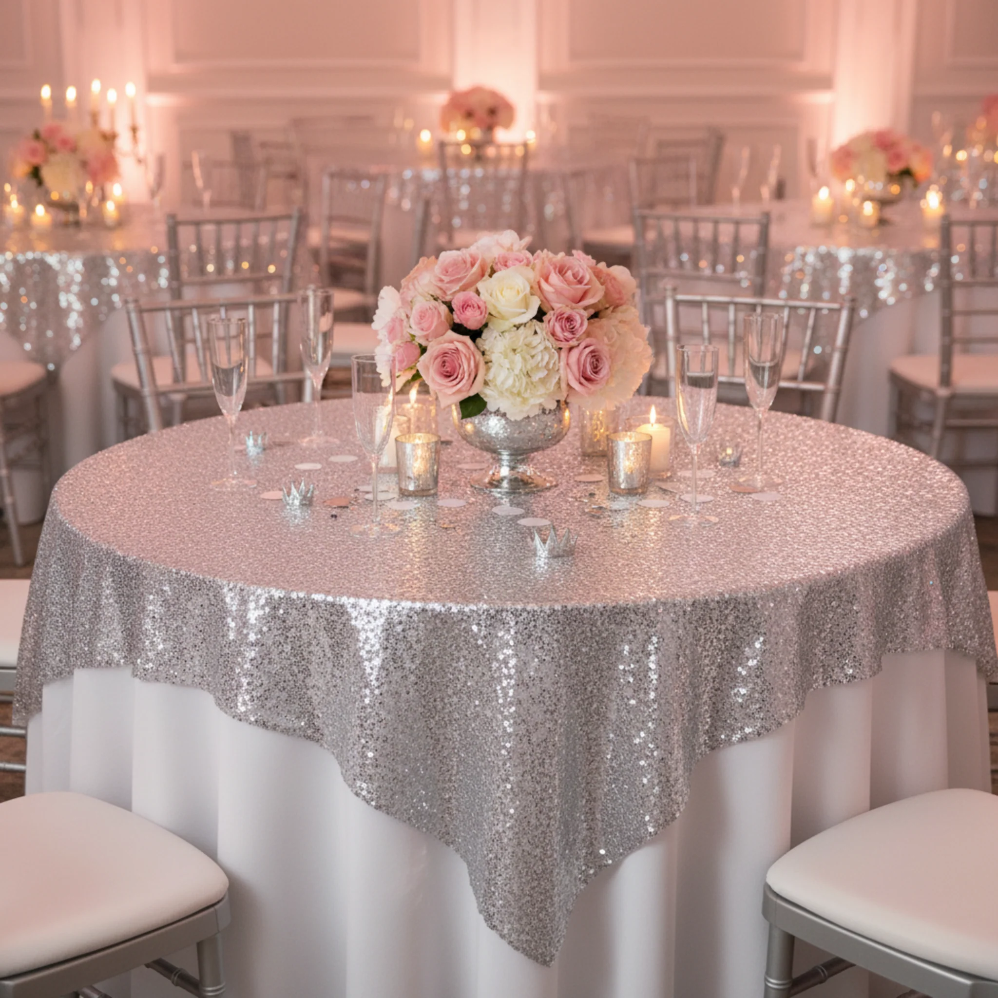 Glitz Sequin Mesh Net Table Overlay Topper 72"x72" Square - Silver - Image 4