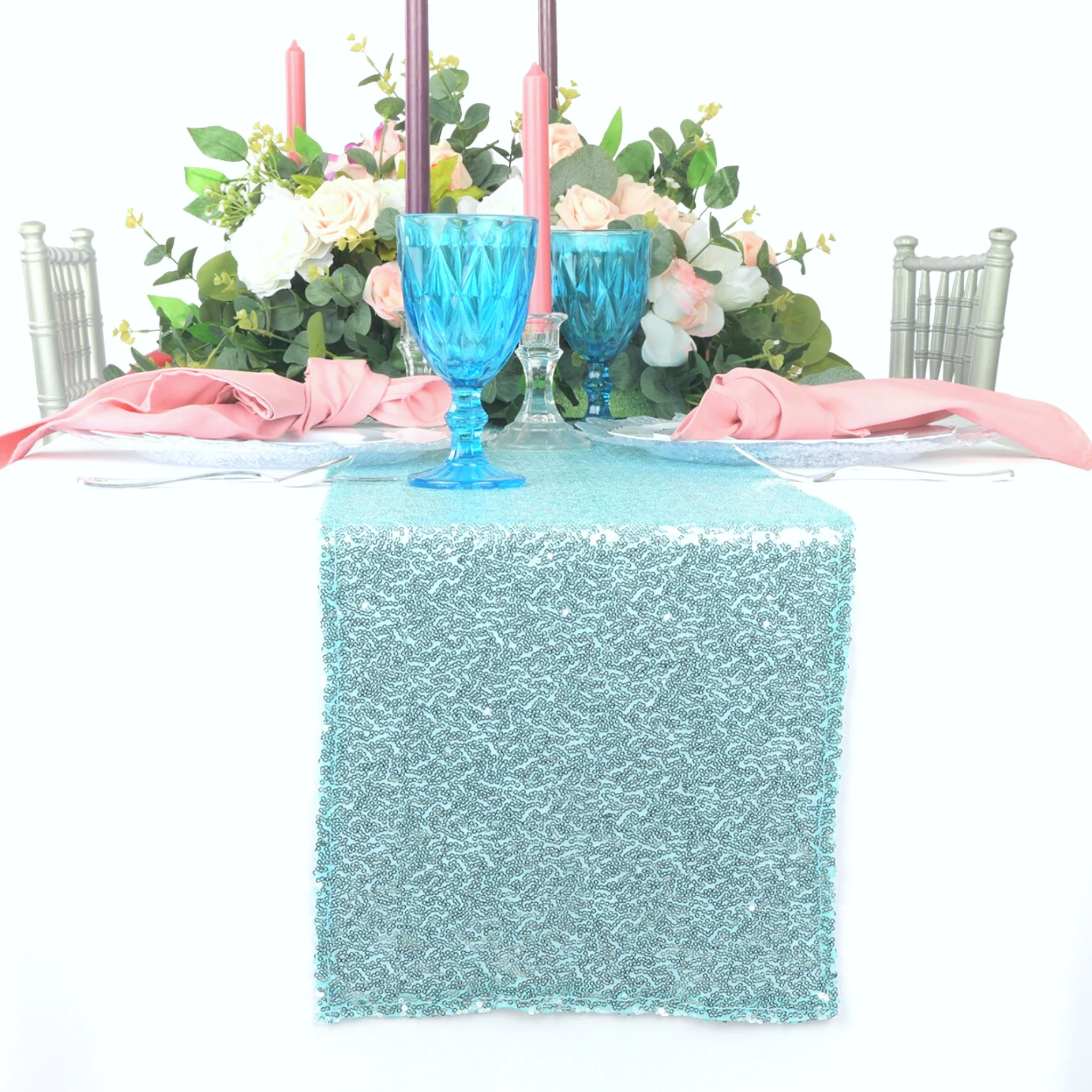 Glitz Sequin Mesh Net Table Runner 12"x108" - Baby Blue - Image 2