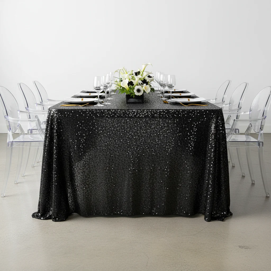 Glitz Sequin Mesh Net Tablecloth 90"x132" Rectangular - Black - Image 2