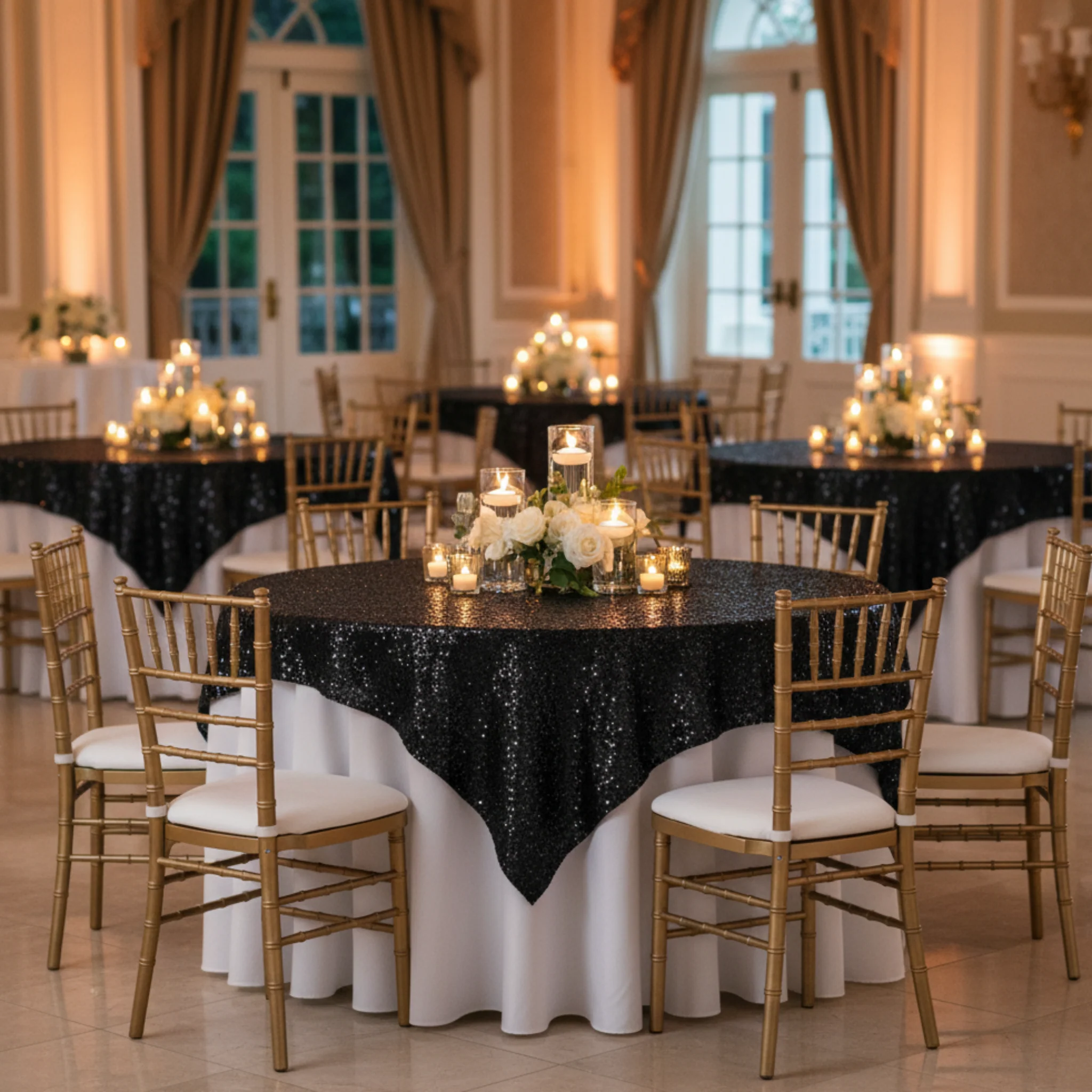 Glitz Sequin Table Overlay Topper 72"x72" Square  - Black - Image 2