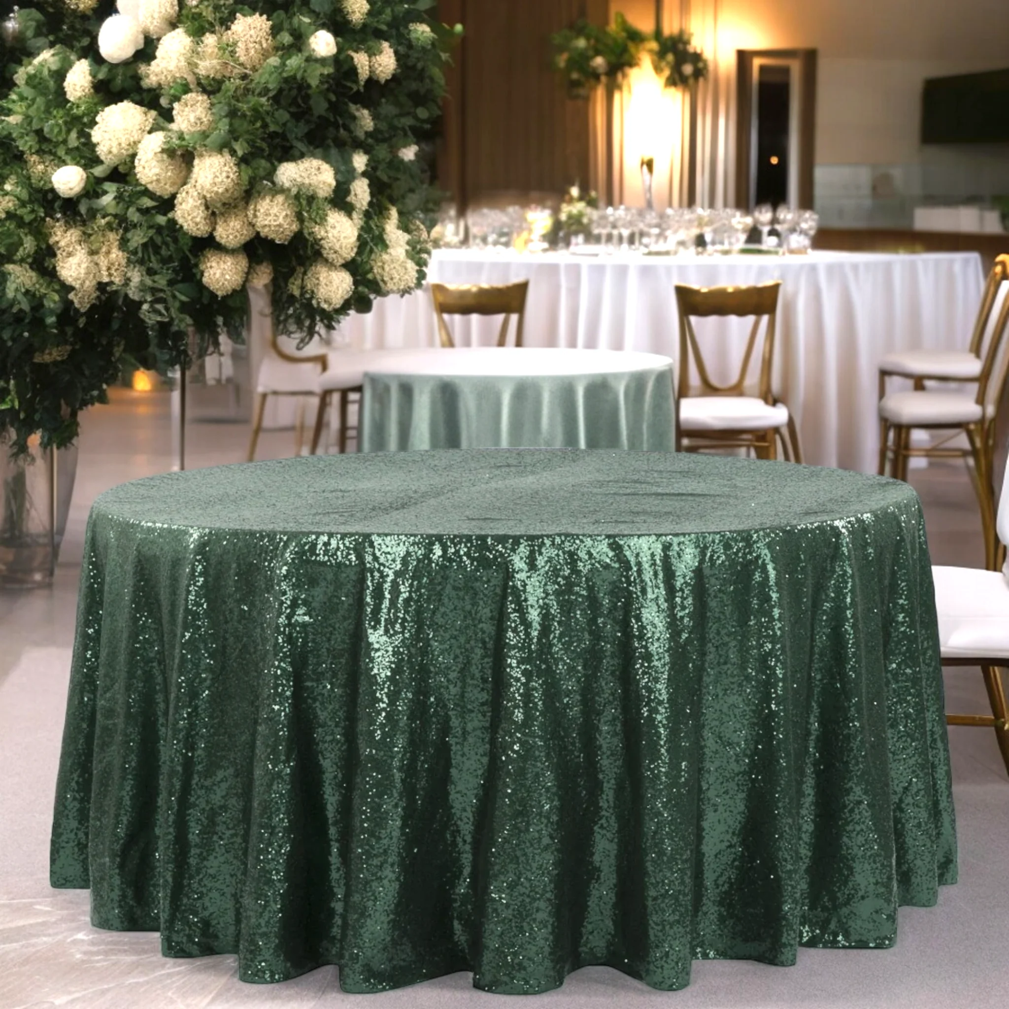 Glitz Sequins 120" Round Tablecloth - Emerald Green - Image 2