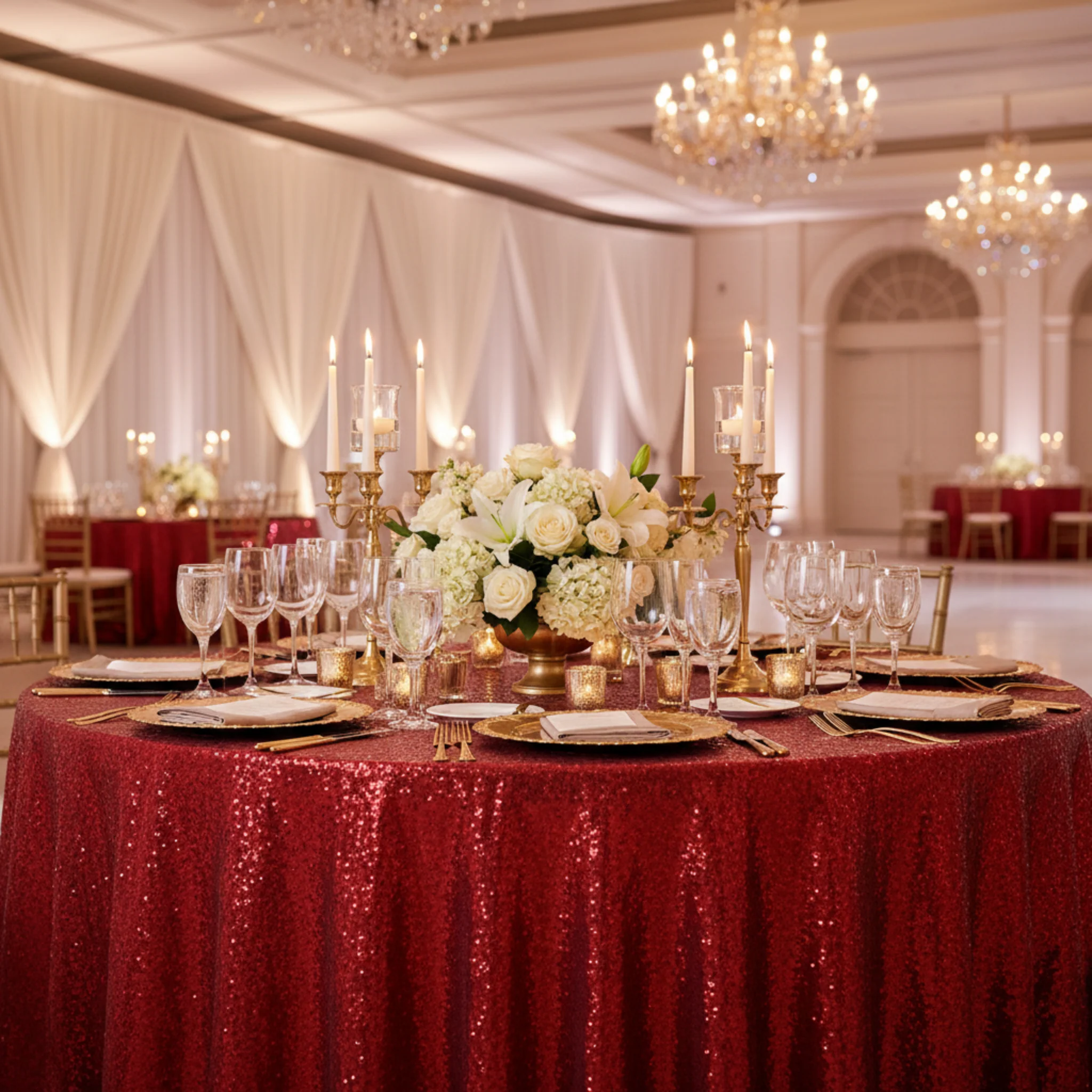 Glitz Sequins 120" Round Tablecloth - Red - Image 5