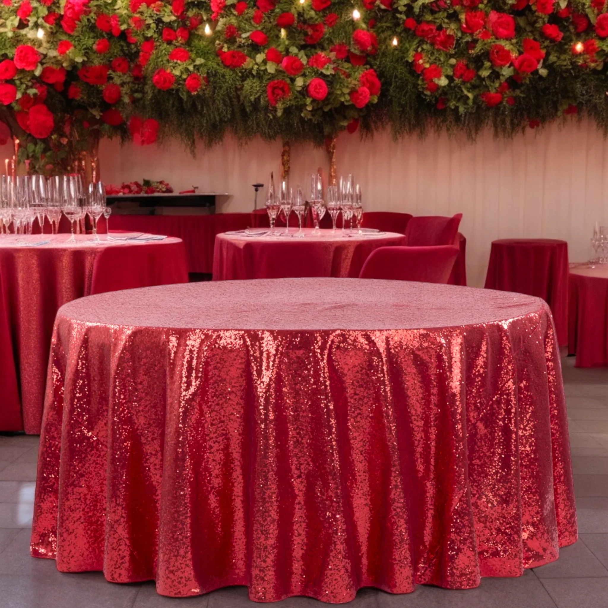 Glitz Sequins 132" Round Tablecloth - Red - Image 3