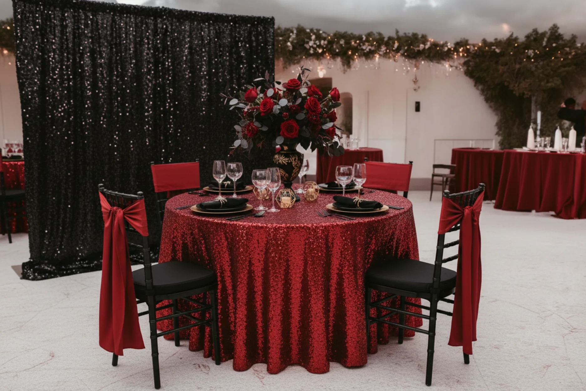 Glitz Sequins 132" Round Tablecloth - Red - Image 6