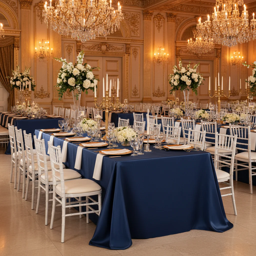 Lamour Satin 90"x156" Rectangular Oblong Tablecloth - Navy Blue - Image 2