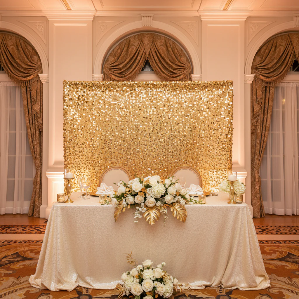 Large Payette Sequin 12ft H x 52" W Drape/Backdrop panel - Gold - Image 3
