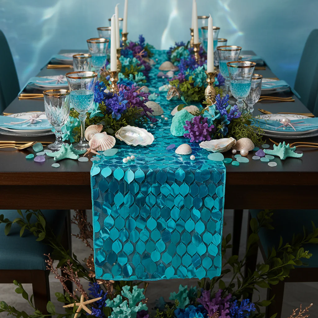 Leaf Payette Sequin Table Runner - Turquoise