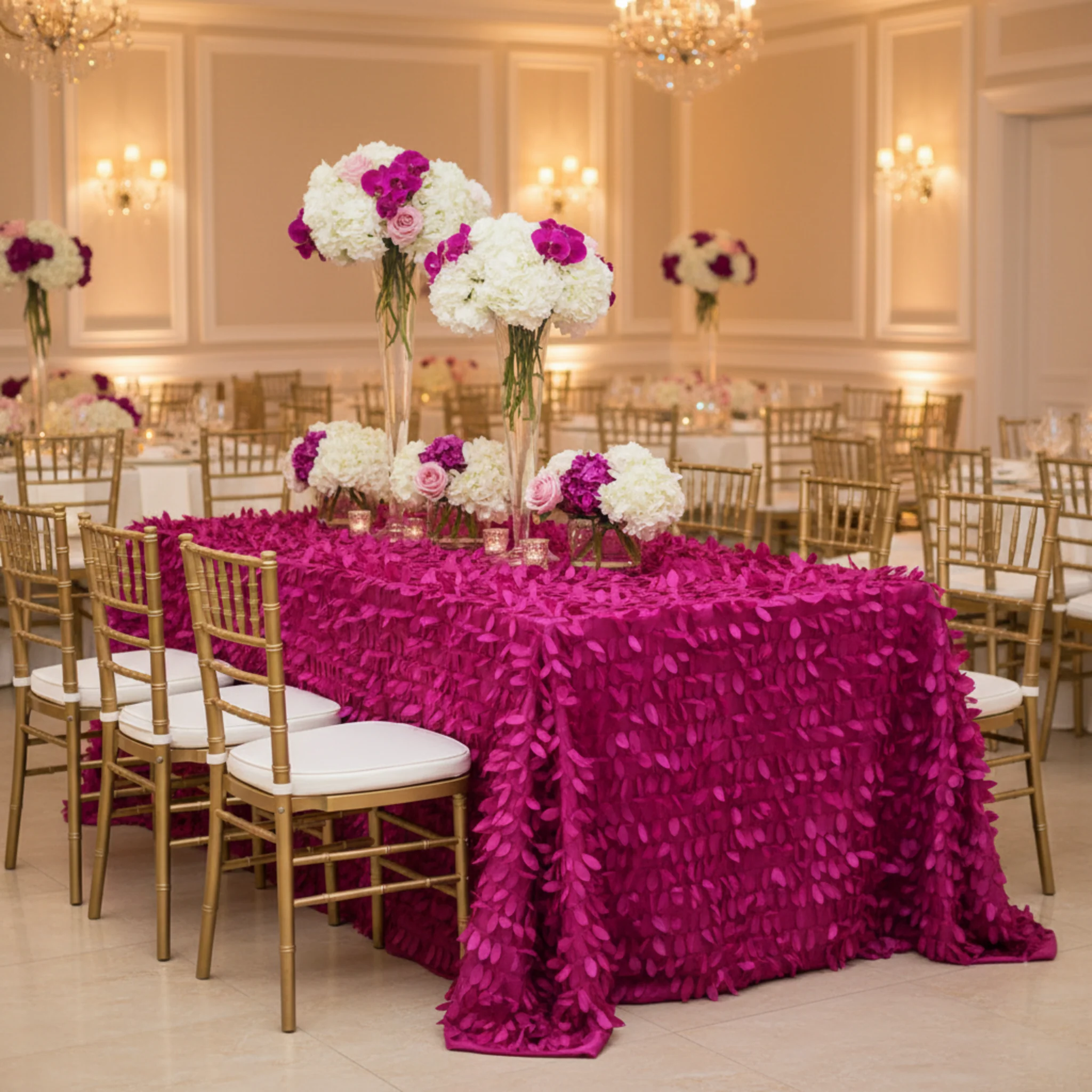 Leaf Petal Taffeta Tablecloth 90"x132" Rectangular - Fuchsia - Image 4