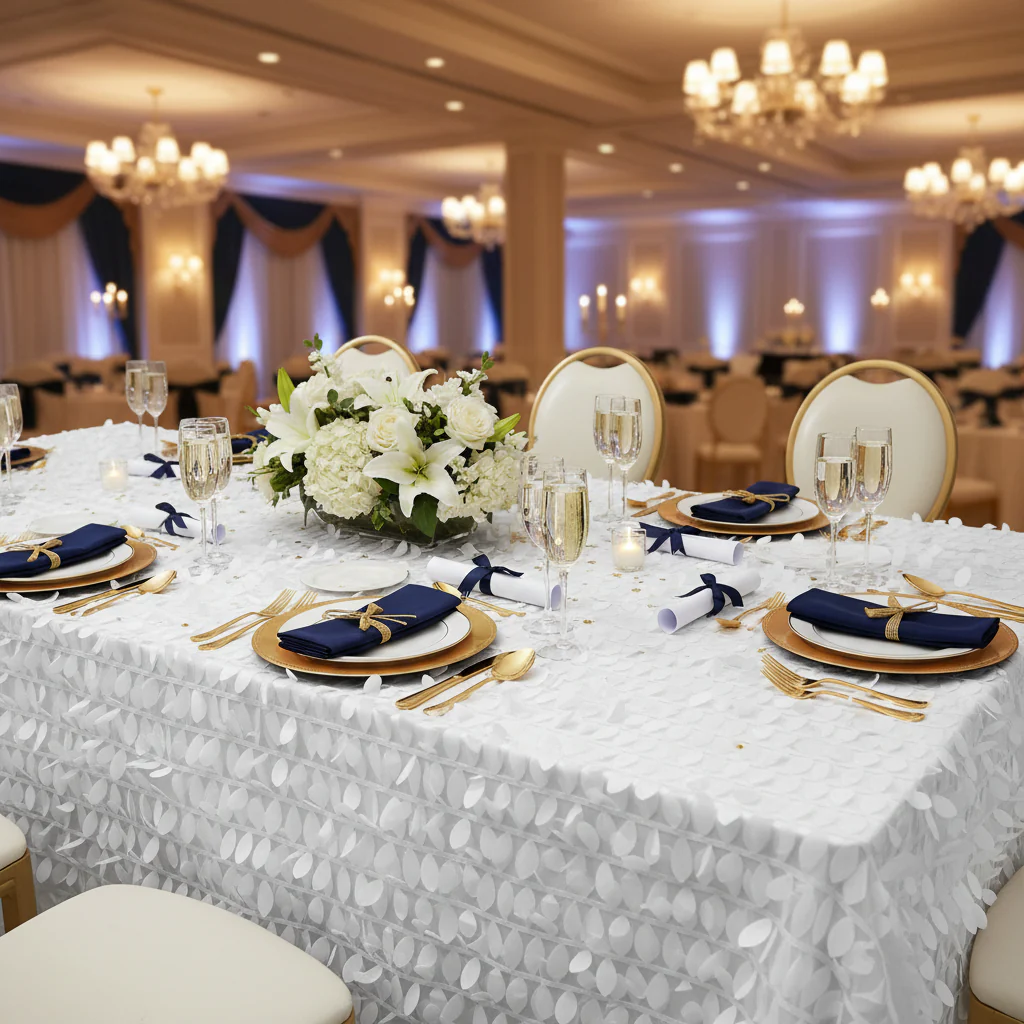 Leaf Petal Taffeta Tablecloth 90"x132" Rectangular - White - Image 4