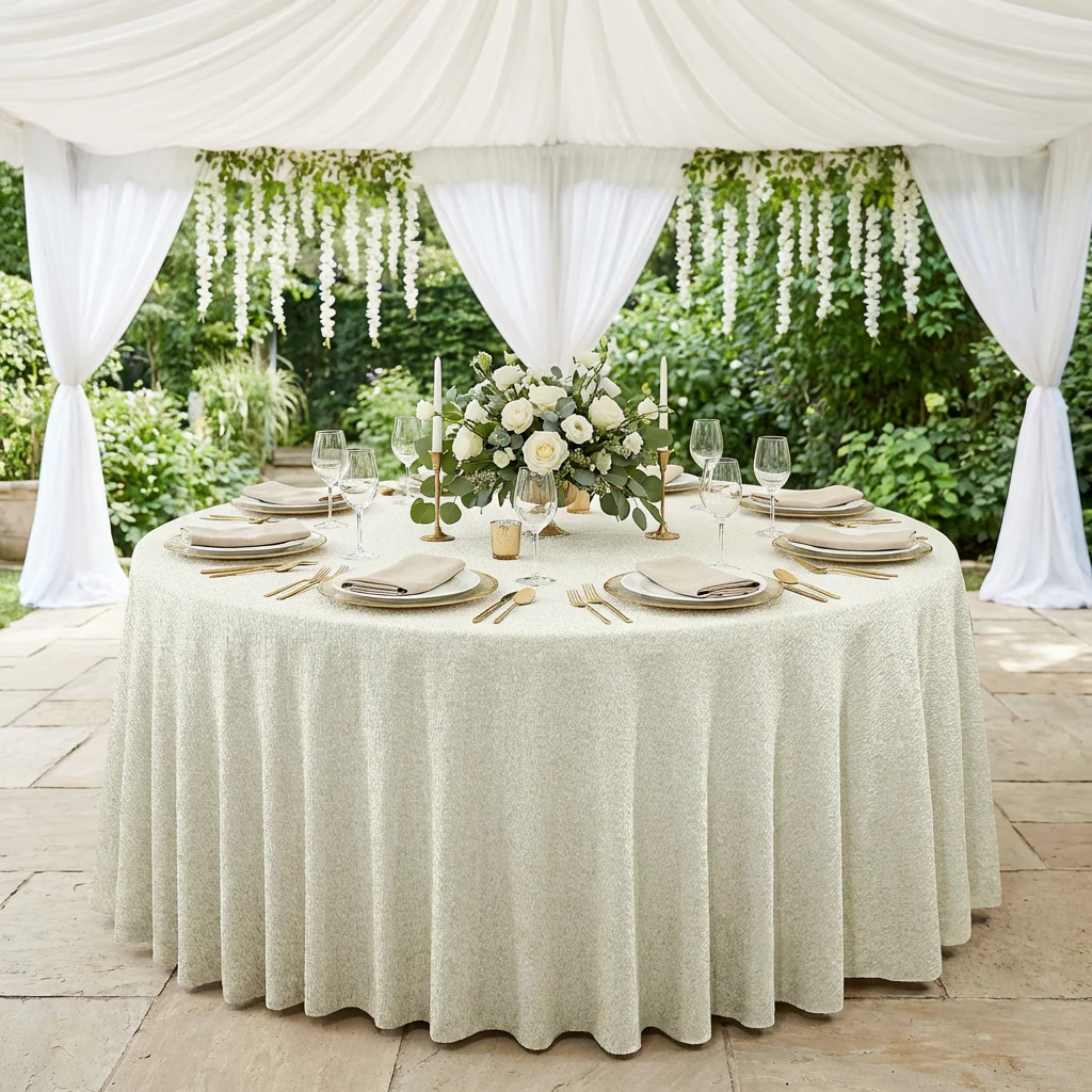 Luxury Boucle 132" Round Tablecloth - Beige - Image 2