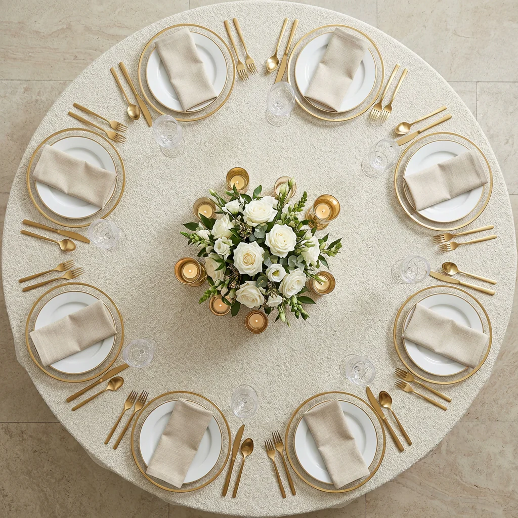Luxury Boucle 132" Round Tablecloth - Beige - Image 4