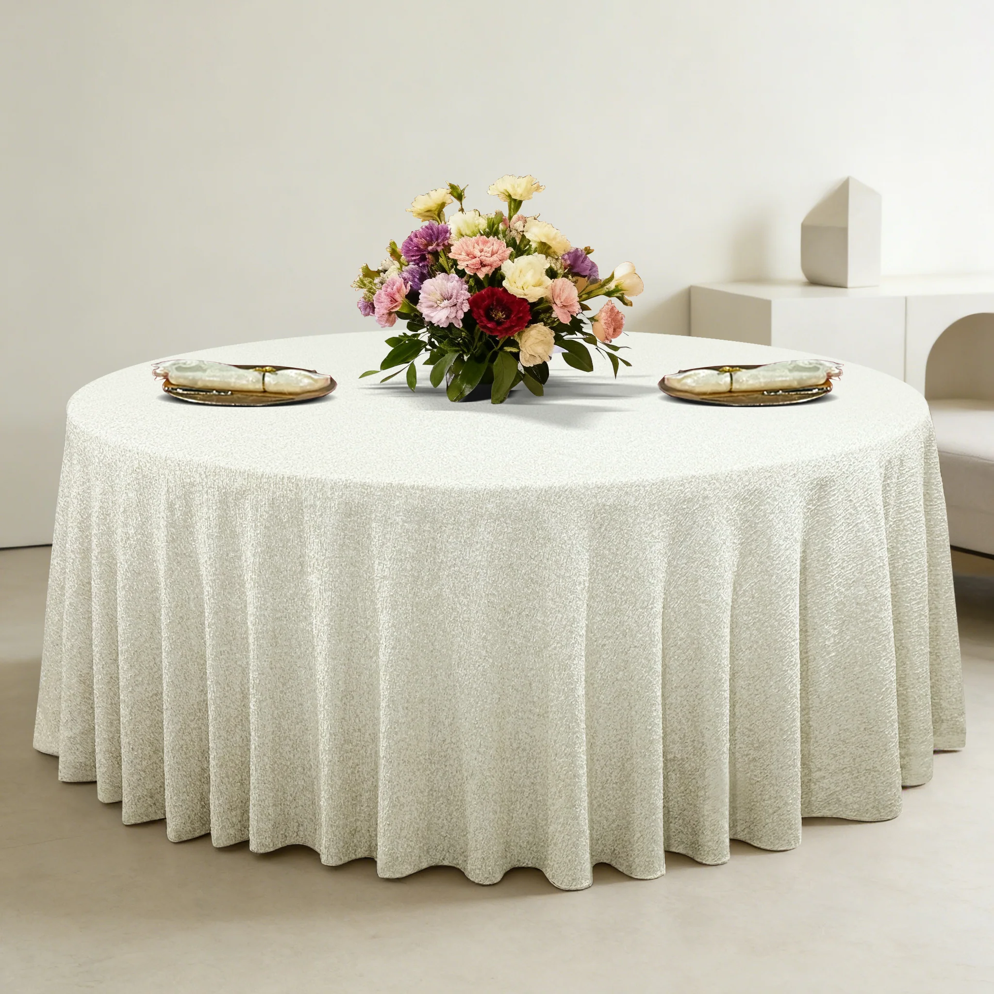 Luxury Boucle 132" Round Tablecloth - Beige - Image 9