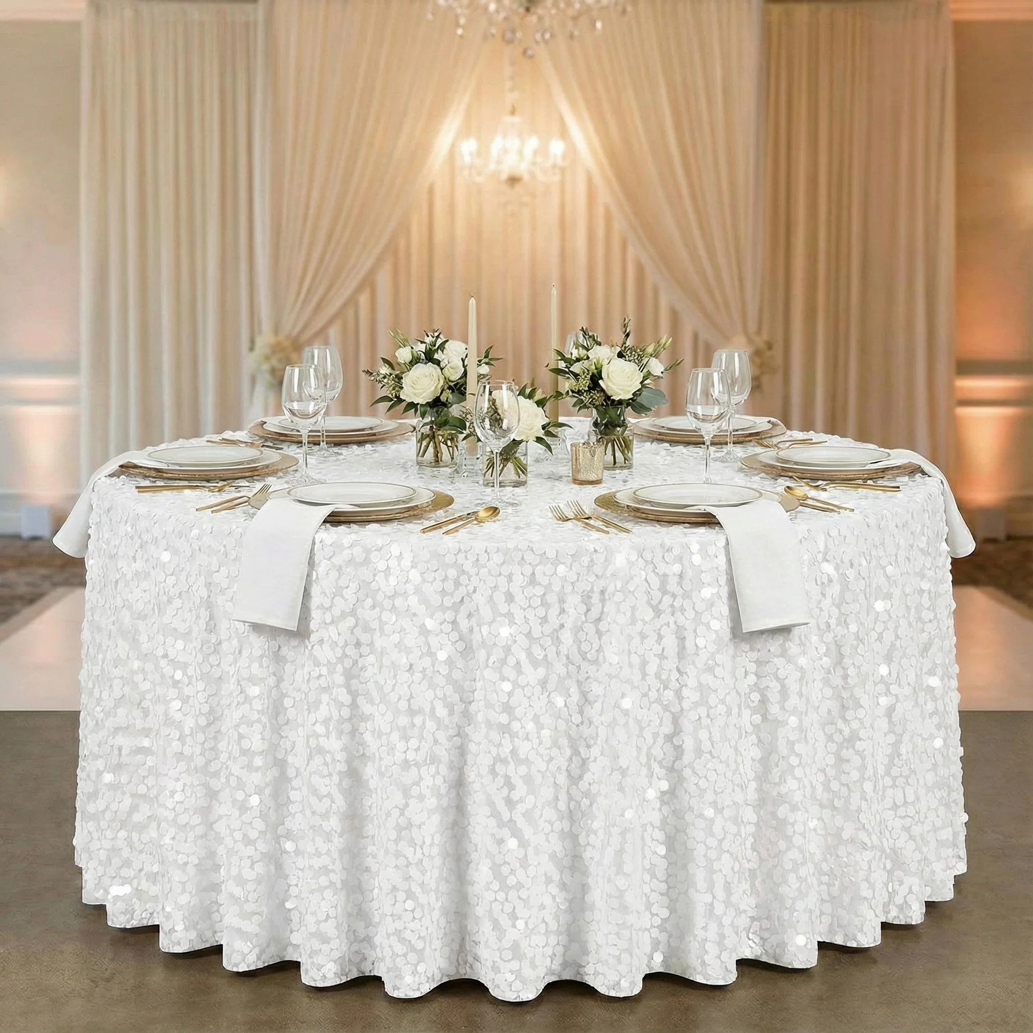 Large Payette Sequin Round 120" Tablecloth - White - Image 2