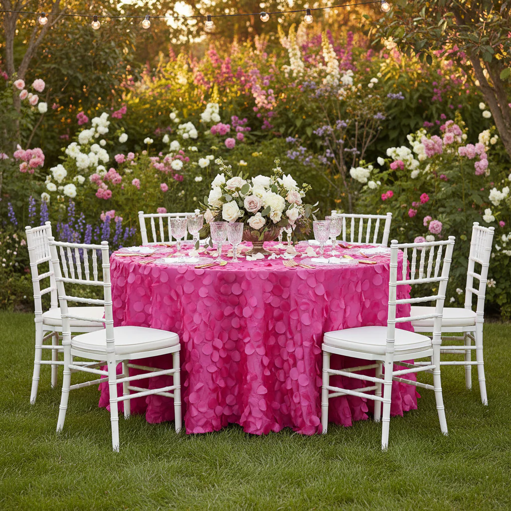 Petal Circle Taffeta 132" Round Tablecloth - Fuchsia - Image 3
