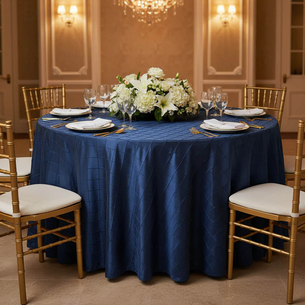 Pintuck 132" Round Tablecloth - Navy Blue - Image 3