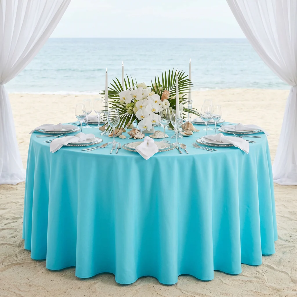 Premium Polyester 108" Round Tablecloth - Aqua Blue - Image 2