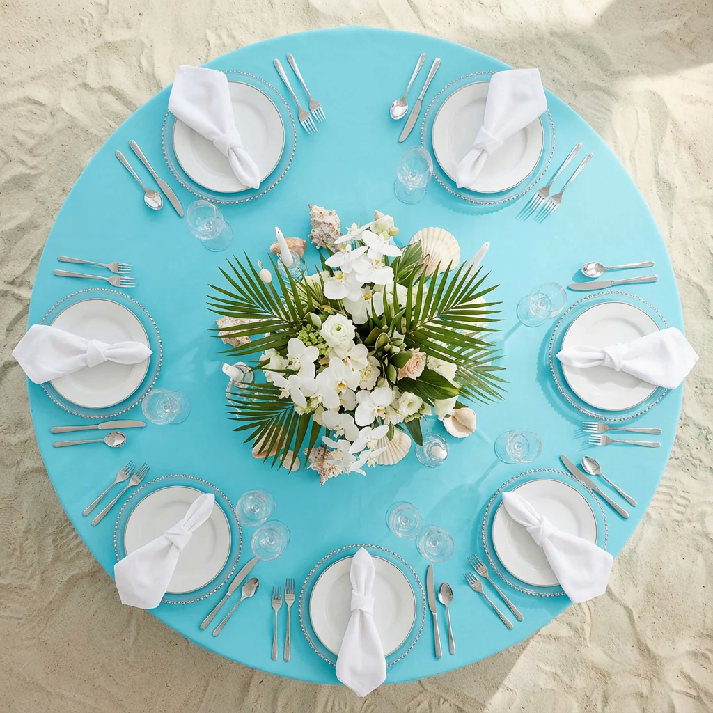 Premium Polyester 108" Round Tablecloth - Aqua Blue - Image 3