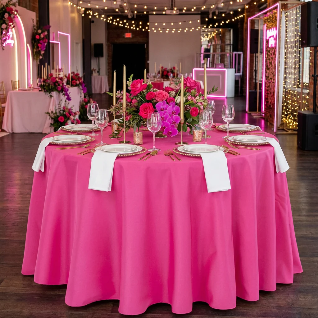 Premium Polyester 108" Round Tablecloth - Fuchsia - Image 2