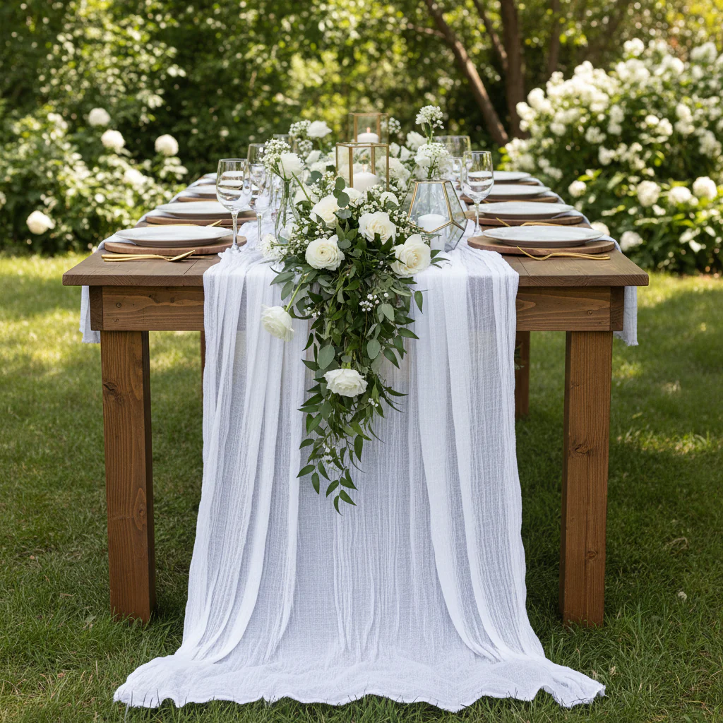 Premium Cheesecloth Table Runner 16FT x 25" - White - Image 2