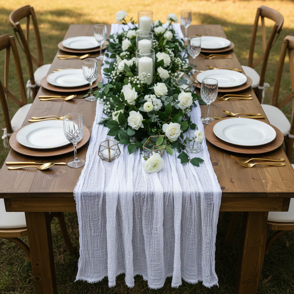 Premium Cheesecloth Table Runner 16FT x 25" - White - Image 3