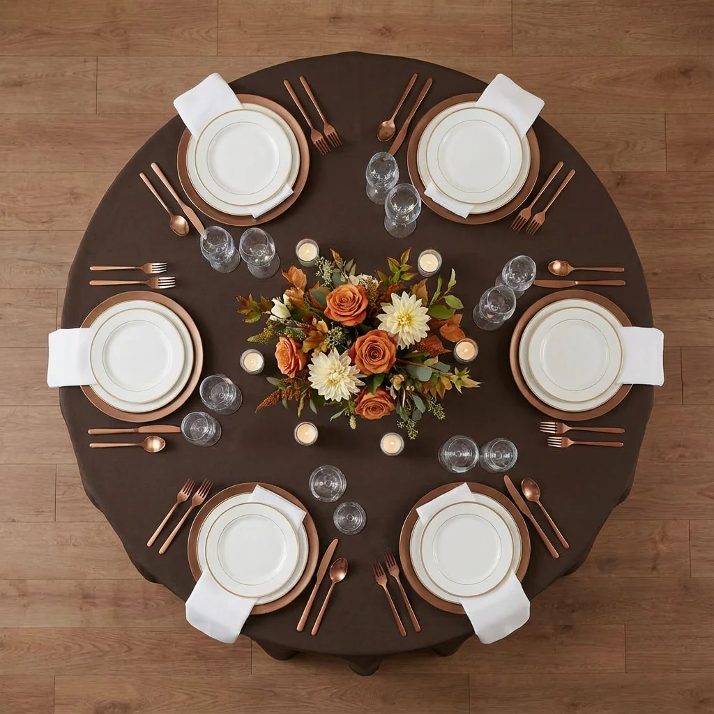 Round Premium Polyester 132" Tablecloth - Chocolate Brown - Image 3