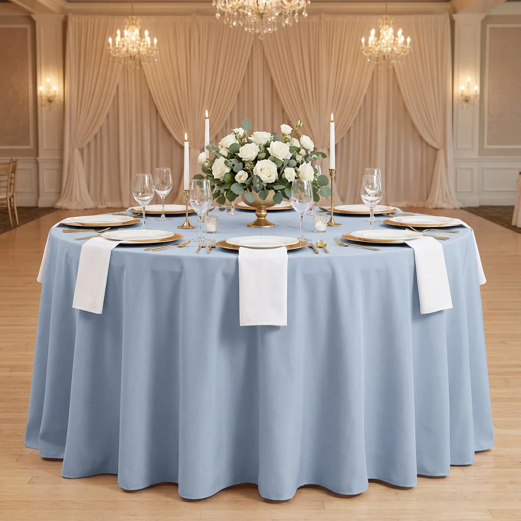 Round Premium Polyester 132" Tablecloth - Dusty Blue - Image 2