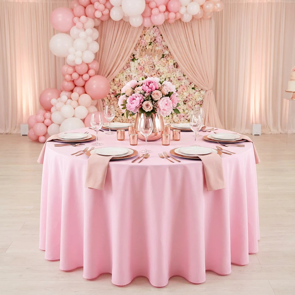 Round Premium Polyester 132" Tablecloth - Pink - Image 2