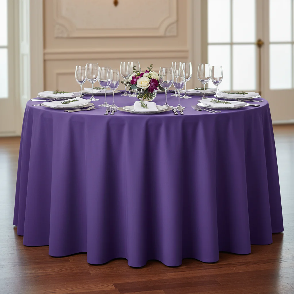 Round Premium Polyester 132" Tablecloth - Purple - Image 2