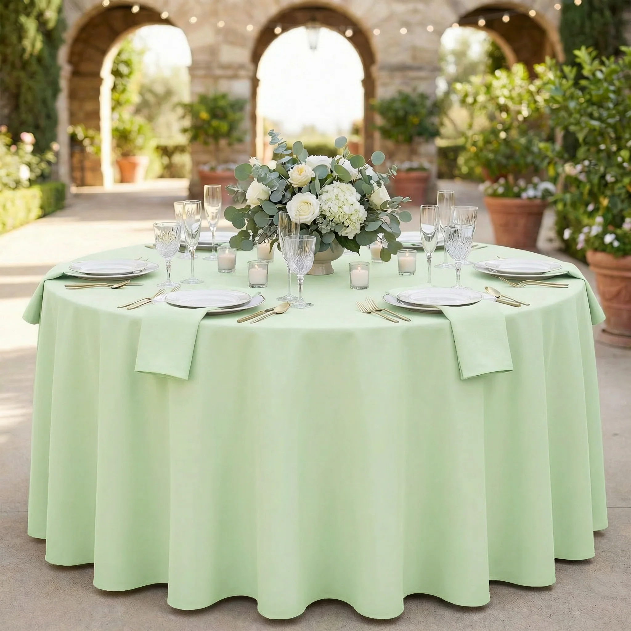 Round Premium Polyester 132" Tablecloth - Sage Green - Image 2