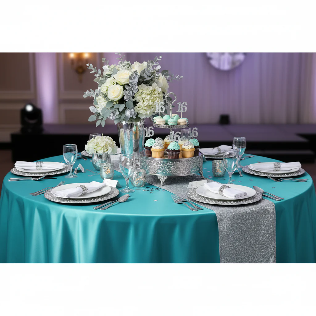 Satin 120" Round Tablecloth - Dark Turquoise - Image 3