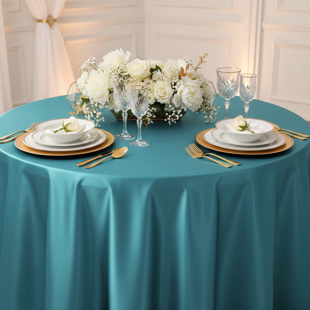 Satin 120" Round Tablecloth - Dark Turquoise - Image 5