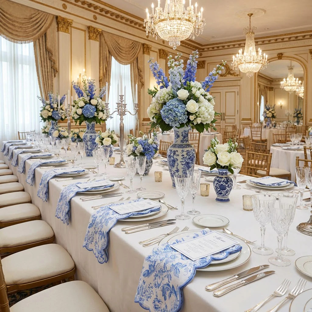 4 pcs/pk French Toile 20"x20" Scalloped Edge Napkins - Baby Blue - Image 2