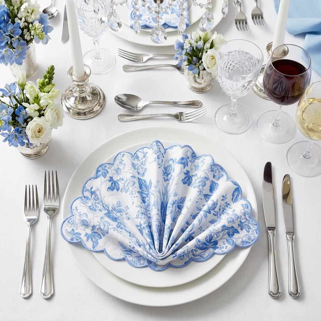 4 pcs/pk French Toile 20"x20" Scalloped Edge Napkins - Baby Blue - Image 7