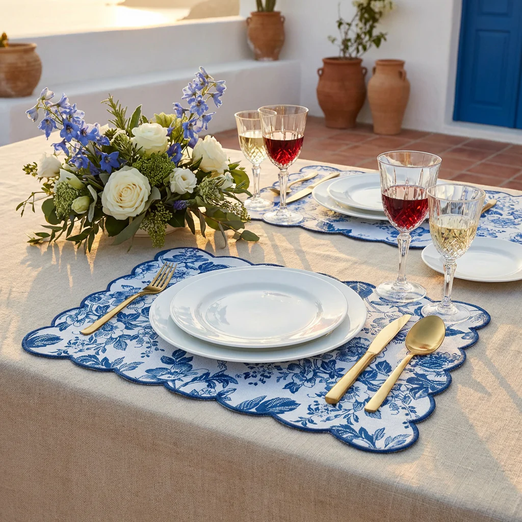 2 pcs/set French Toile Scalloped Edge Placemats - Blue - Image 2