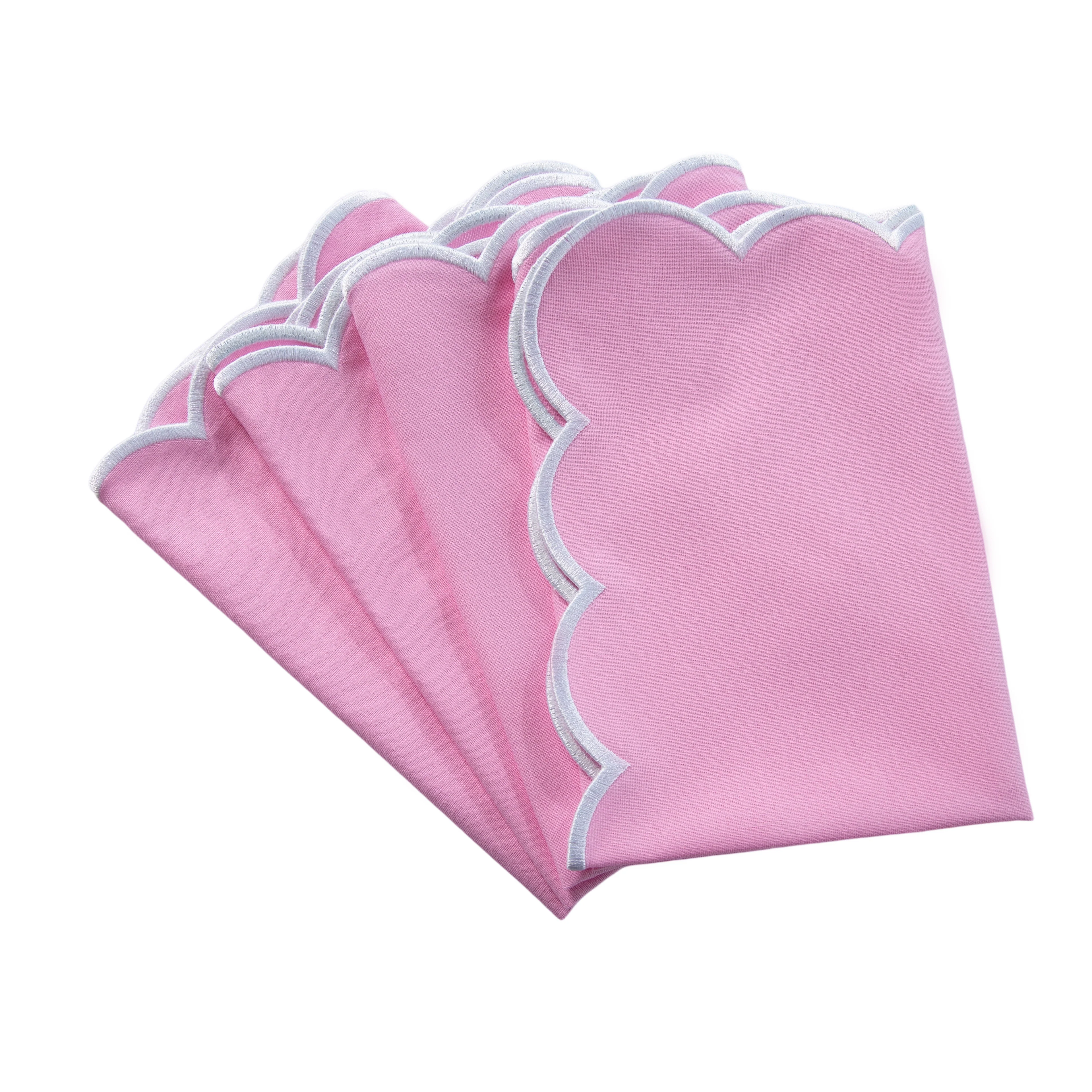 4 pc/pk Scalloped Edge Linen Napkin - Pink/White Trim - Image 3