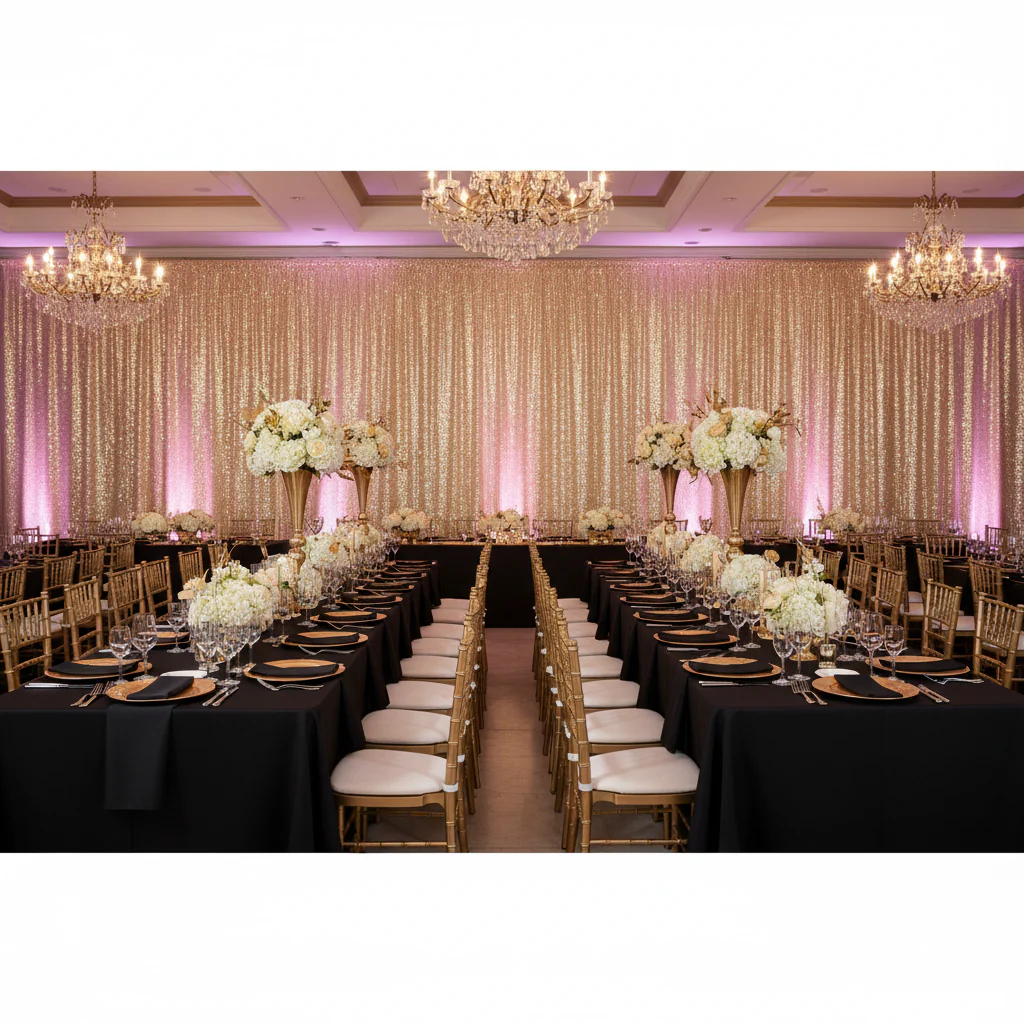 Glitz Sequin Mesh Net 12ft H x 52" W Drape/Backdrop panel - Champagne - Image 3
