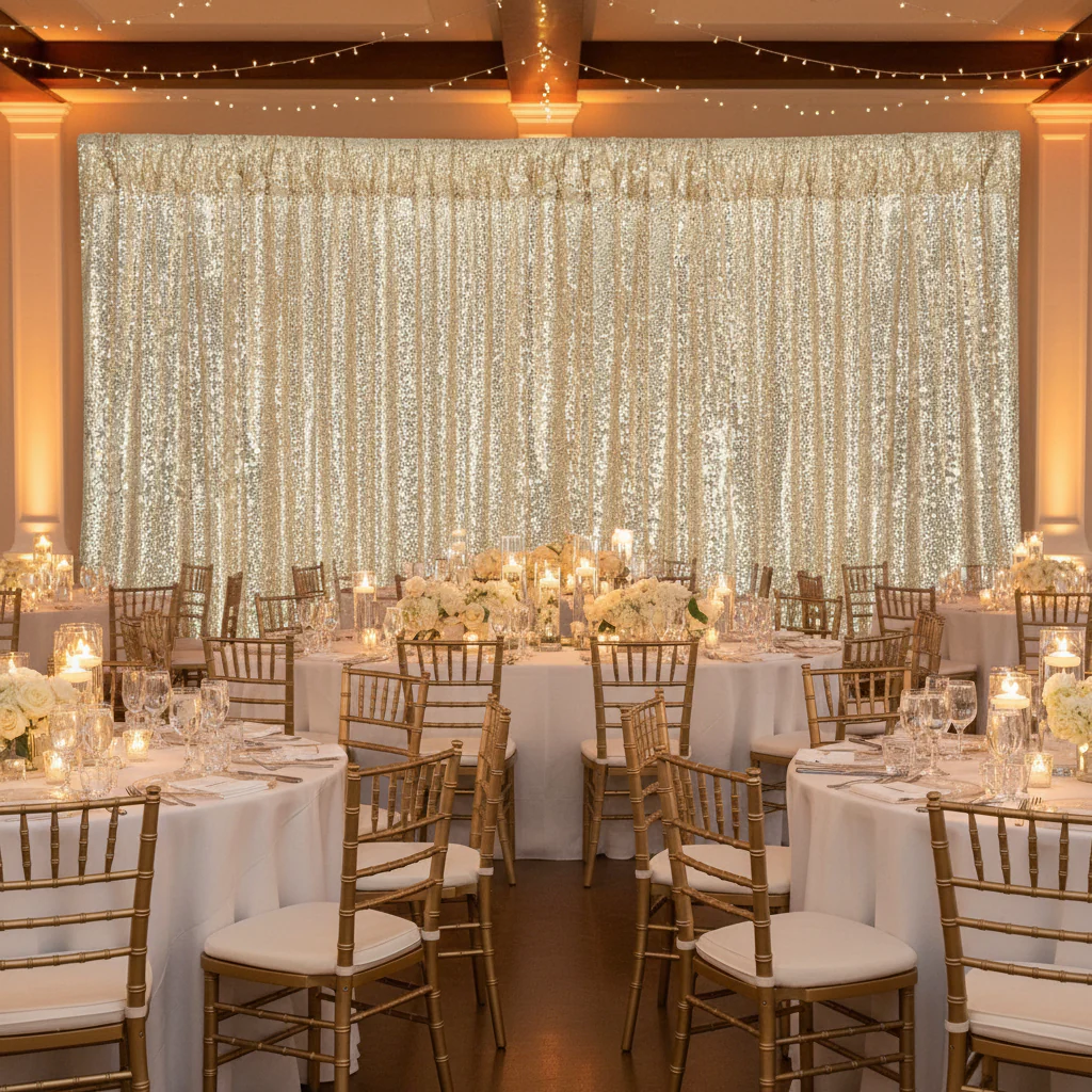 Glitz Sequin Mesh Net 12ft H x 52" W Drape/Backdrop panel - Champagne - Image 4