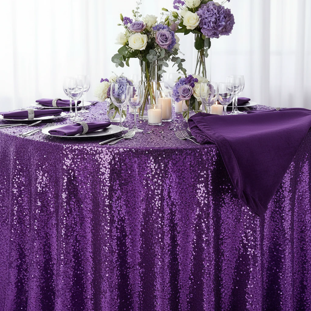 Sequin Velvet 132" Round Tablecloth - Purple - Image 3
