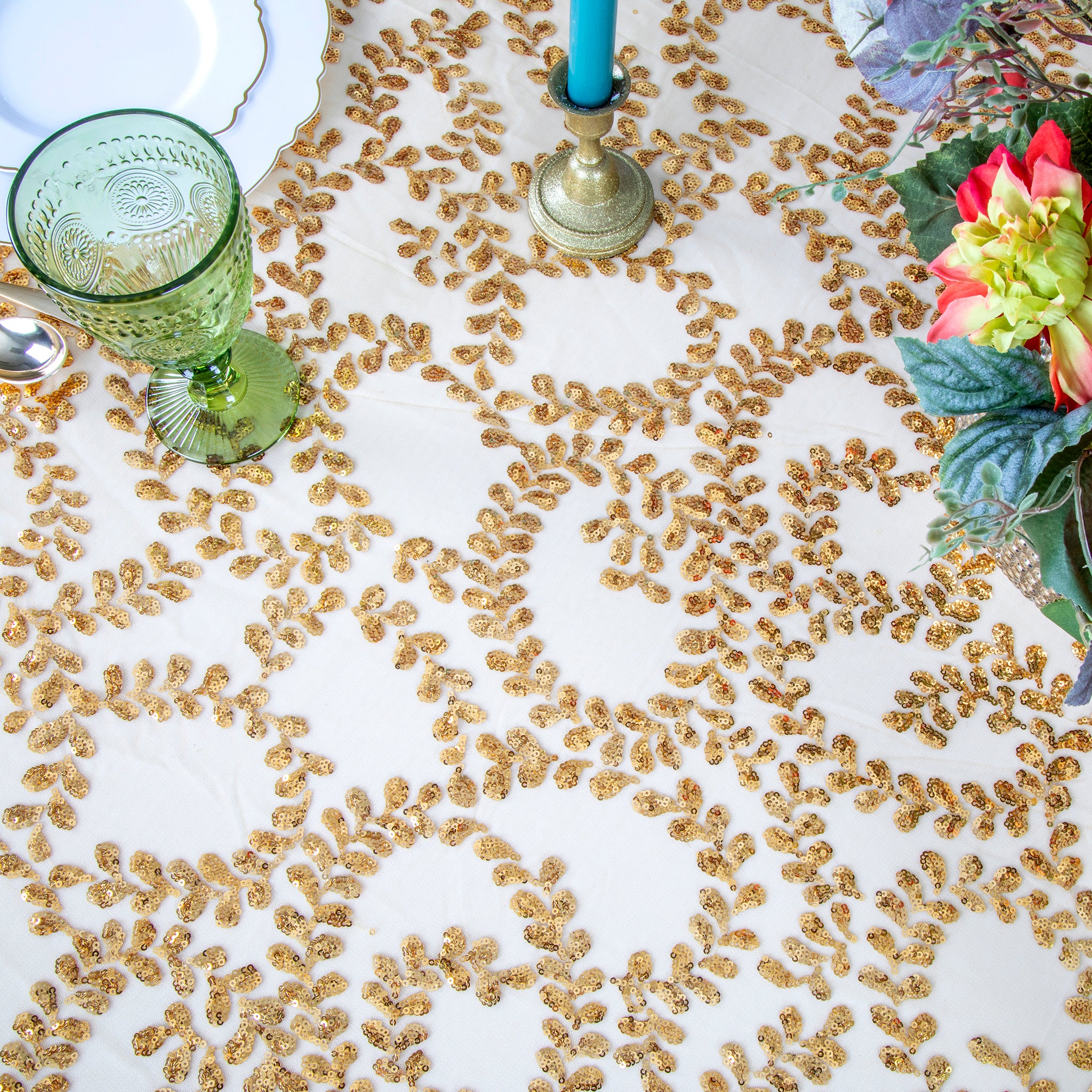 Sequin Vine Tablecloth Overlay 90"x132" Rectangle - Gold - Image 3