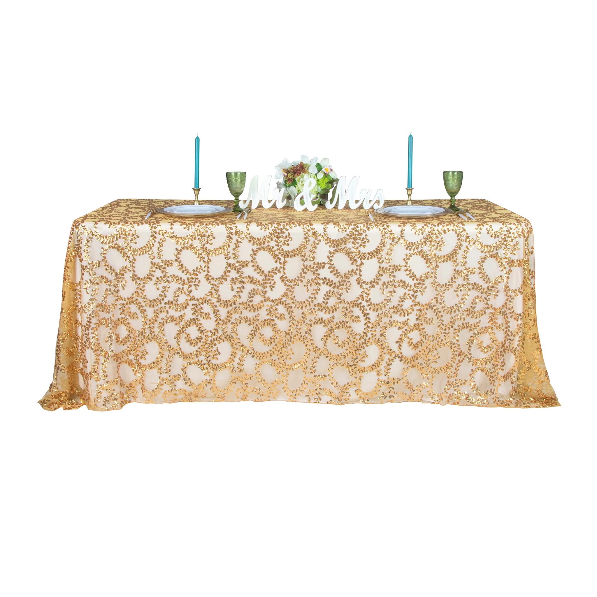 Sequin Vine Tablecloth Overlay 90"x132" Rectangle - Gold - Image 5