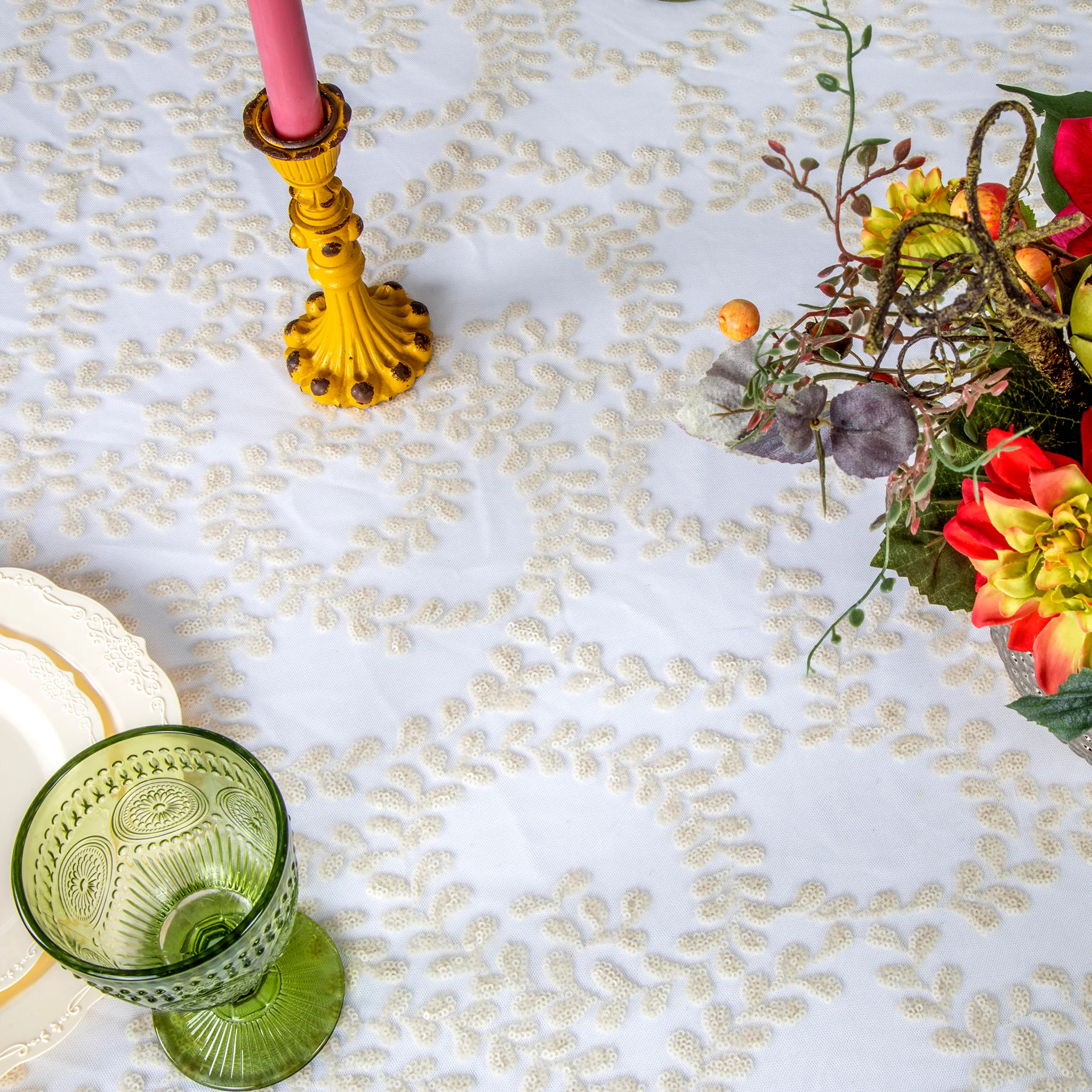 Sequin Vine Tablecloth Overlay 90"x132" Rectangle - Light Ivory/Off White - Image 3