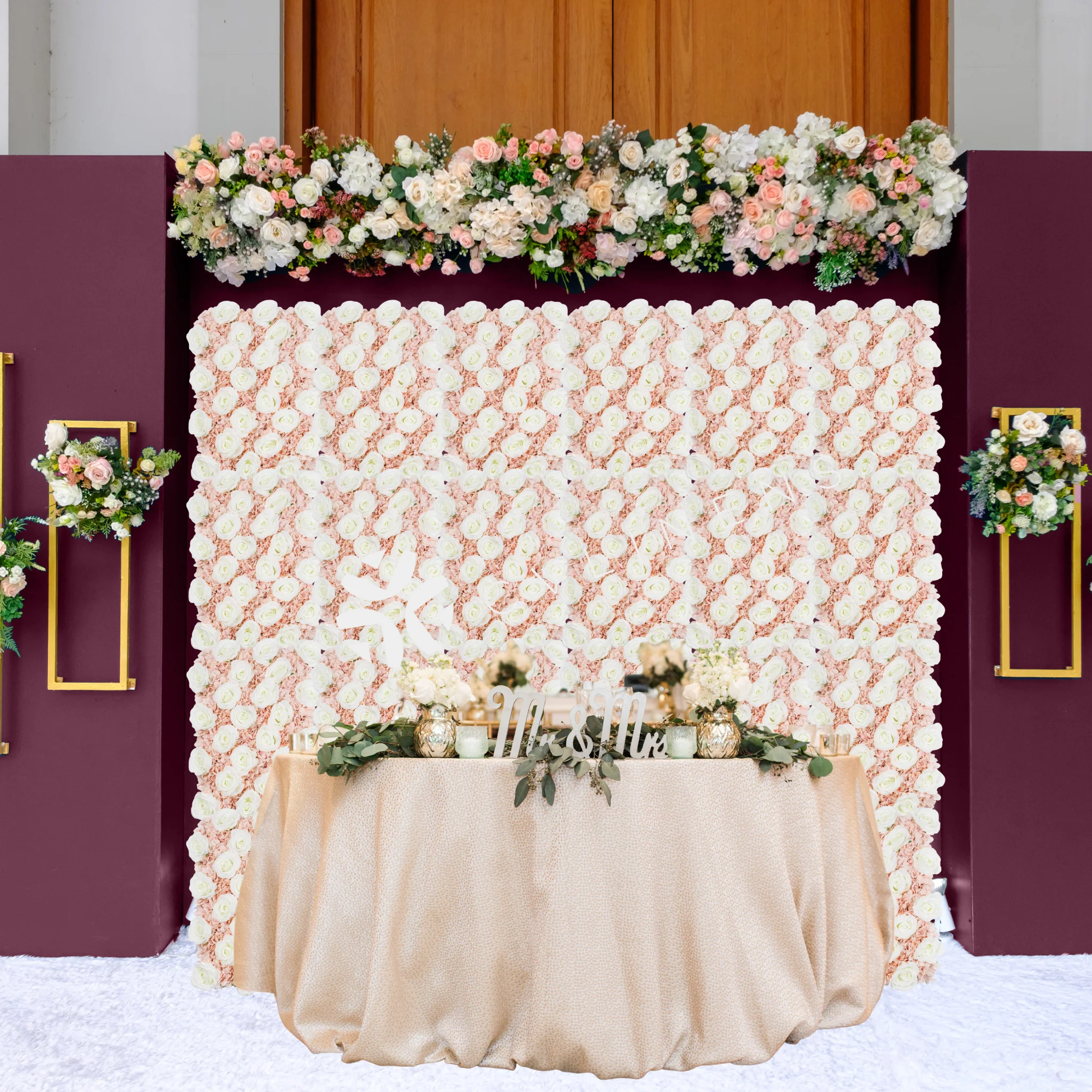 Silk Roses/Hydrangeas Flower Wall Backdrop Panel - White - Image 7