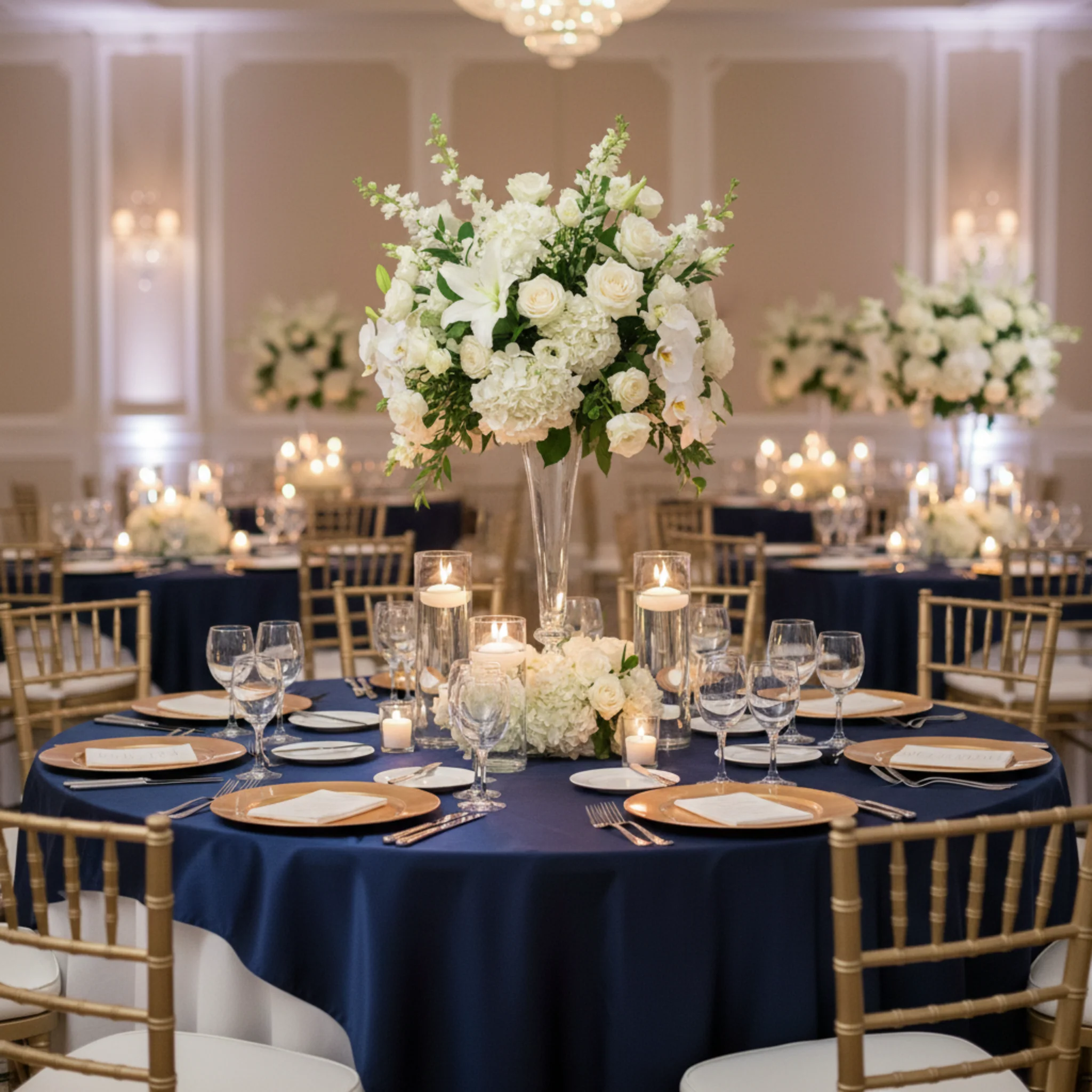 Square 90"x90" Satin Table Overlay - Navy Blue - Image 3