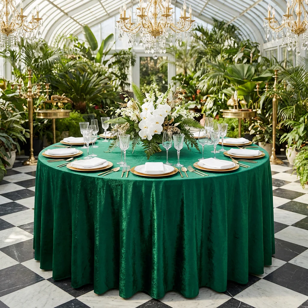 Velvet 120" Round Tablecloth - Emerald Green - Image 2