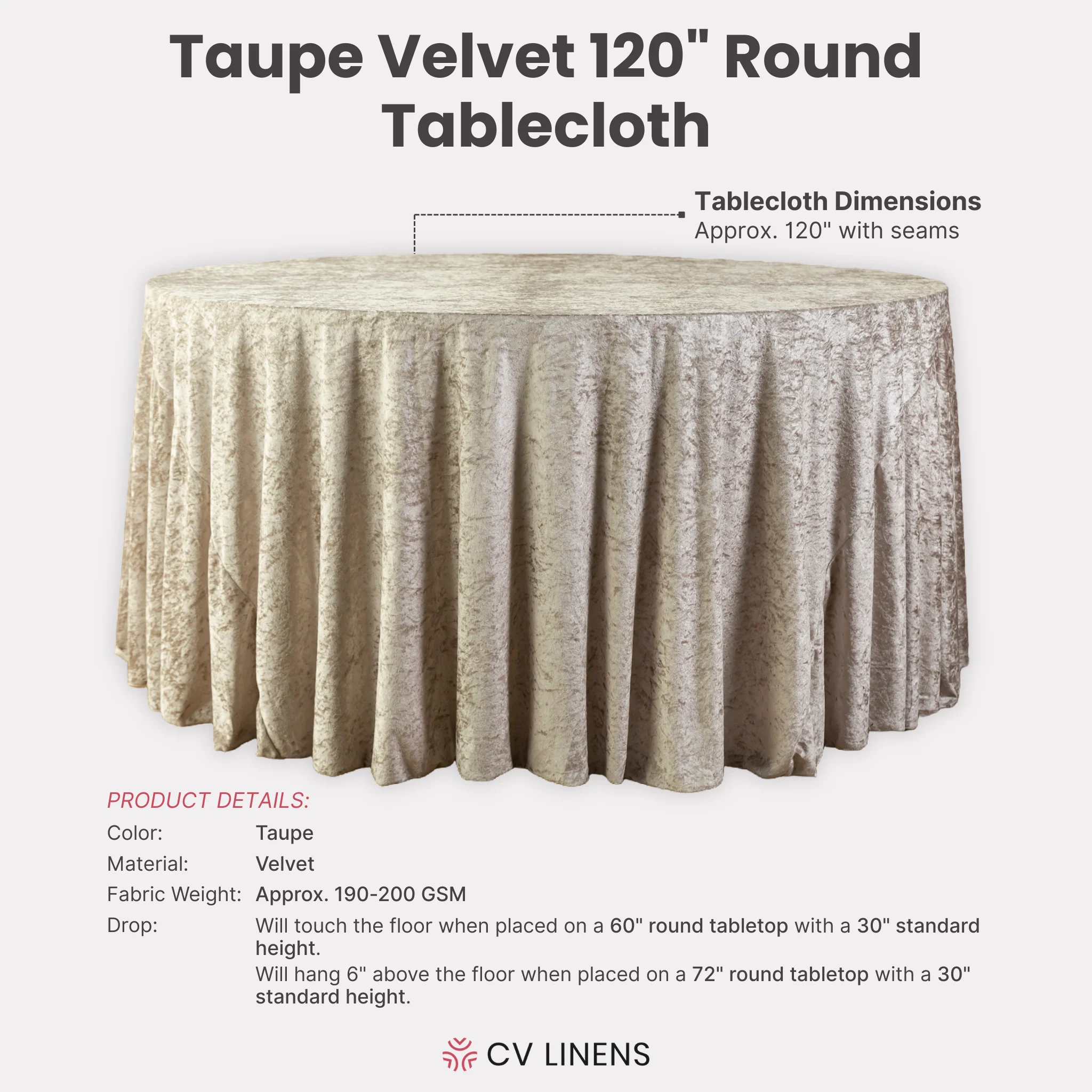 Velvet 120" Round Tablecloth - Taupe - Image 4