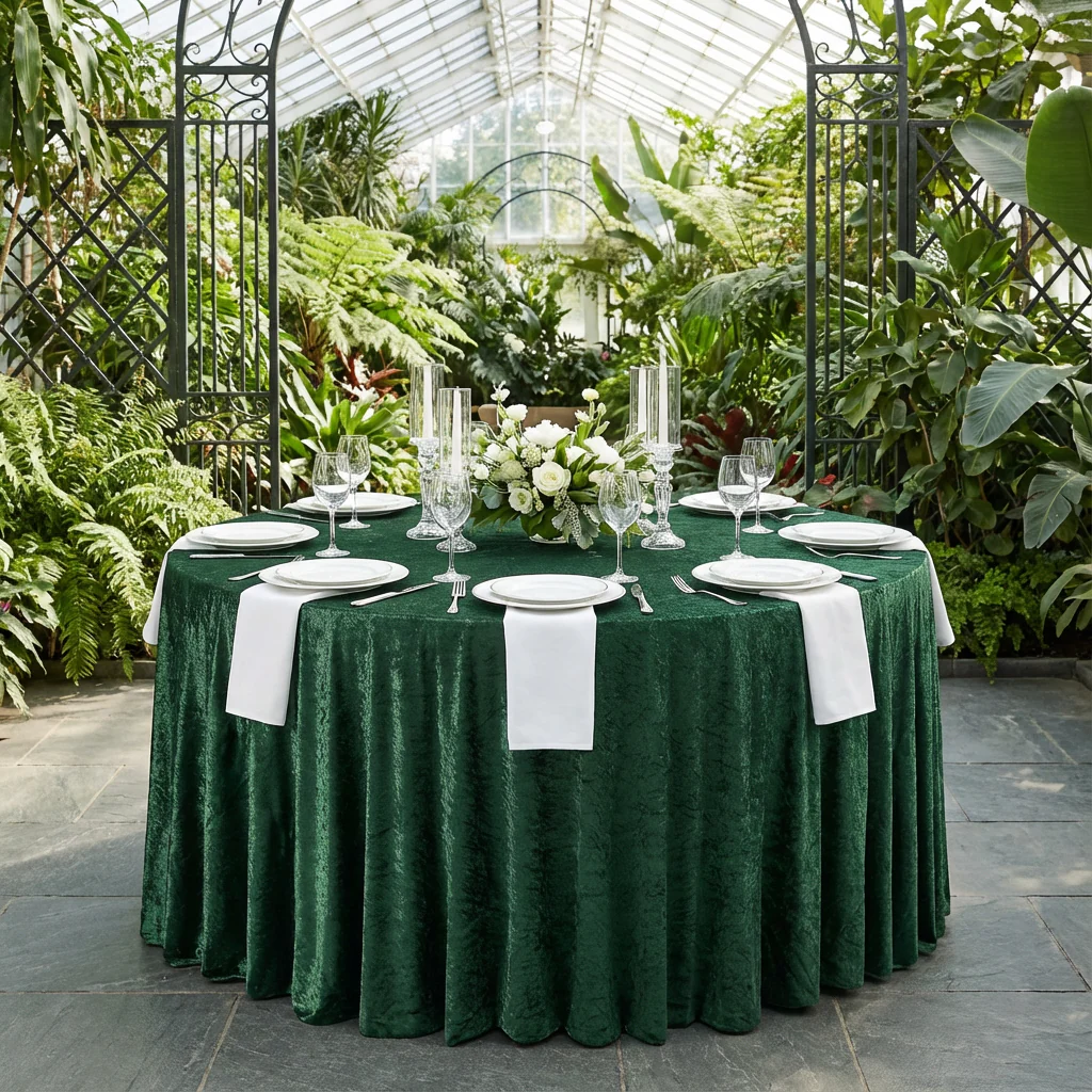 Velvet 132" Round Tablecloth - Emerald Green - Image 2