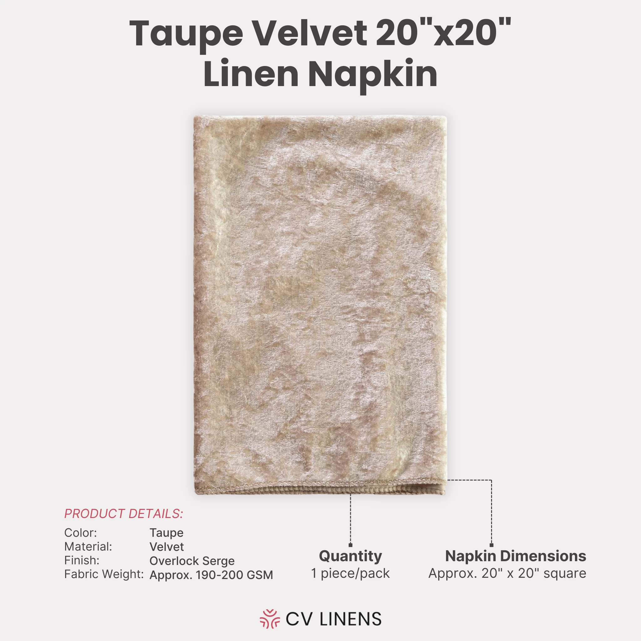 Velvet 20"x20" Linen Napkin - Taupe - Image 3